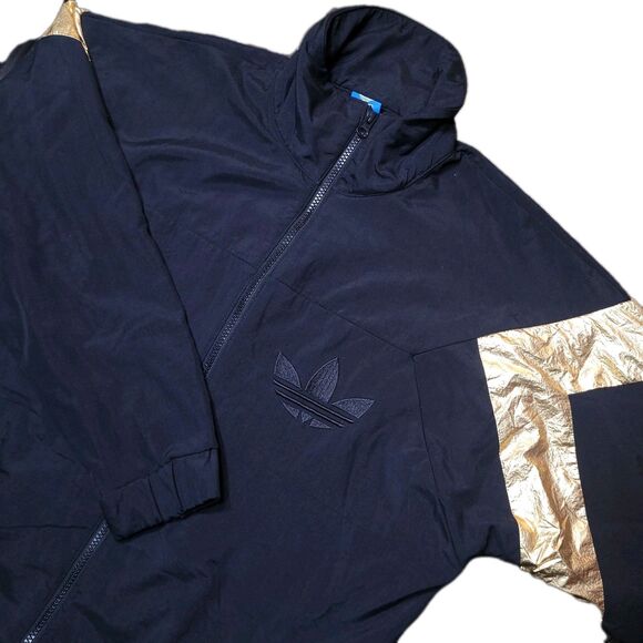 Adidas Originals Jacket Womens XL Black Trefoil Gold Accent Longline Windbreaker - Picture 1 of 16